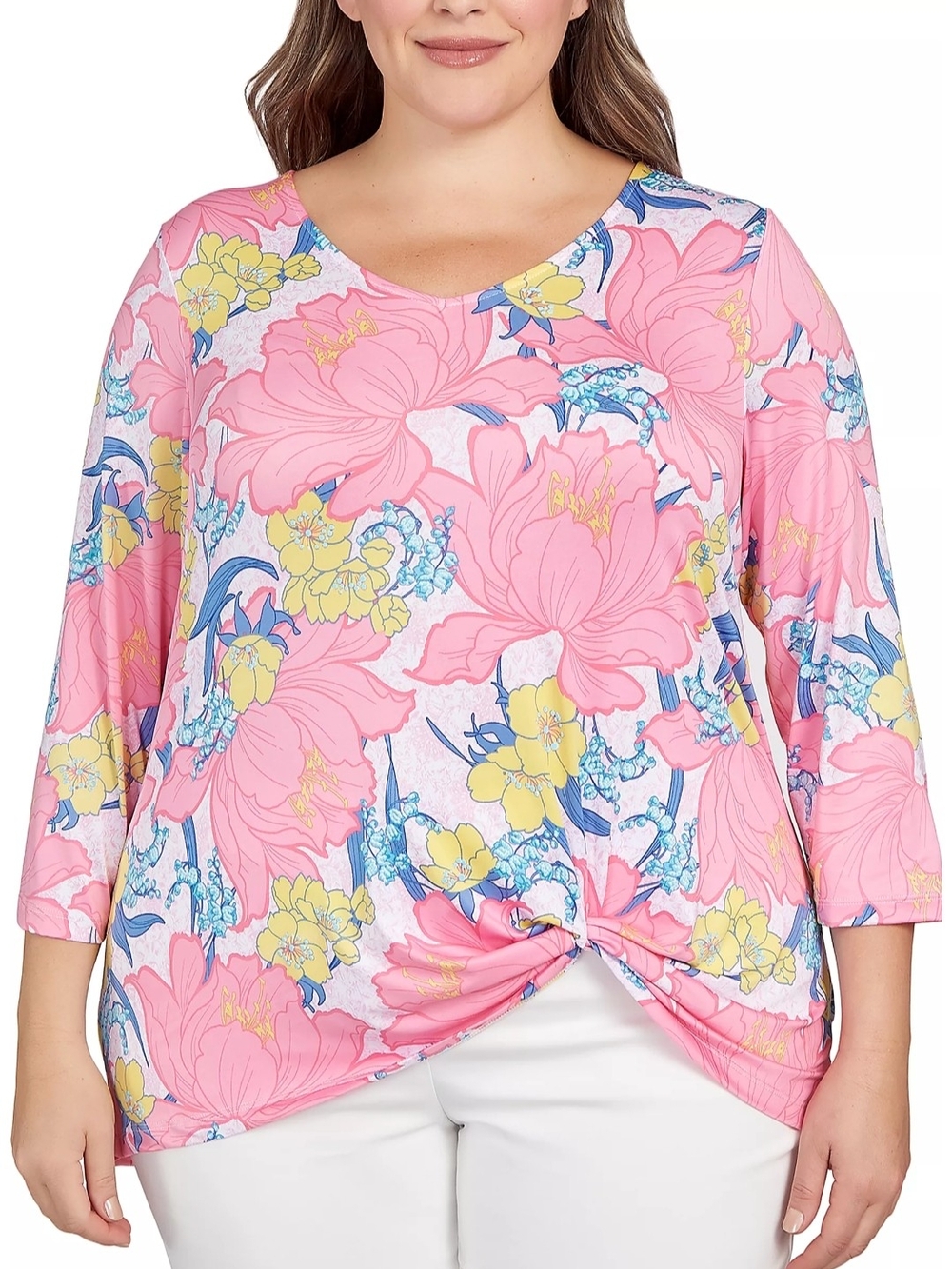 Ruby Rd. Pink Floral Twist-Knot Tunic with Yellow & Blue Accents Size 3X